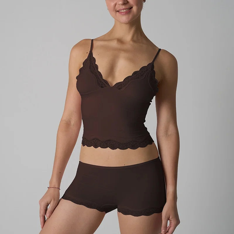 Lace Strap Tank Top and Short Sets